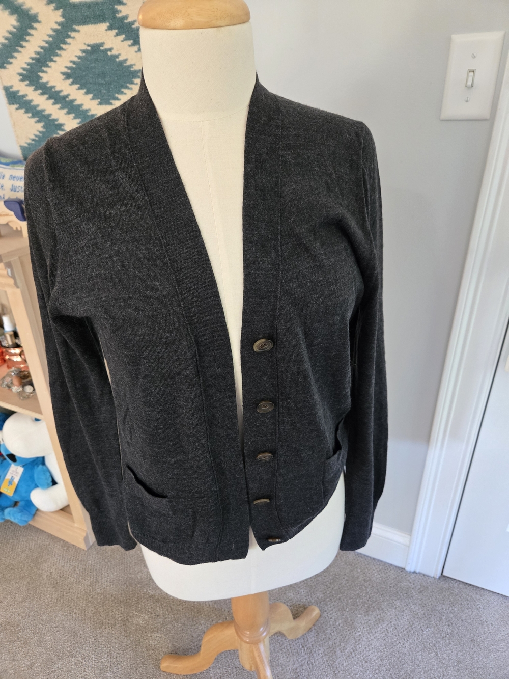J. Crew Dark Gray Charcoal Button-Front Wool Cardigan Sweater Women's Size Med